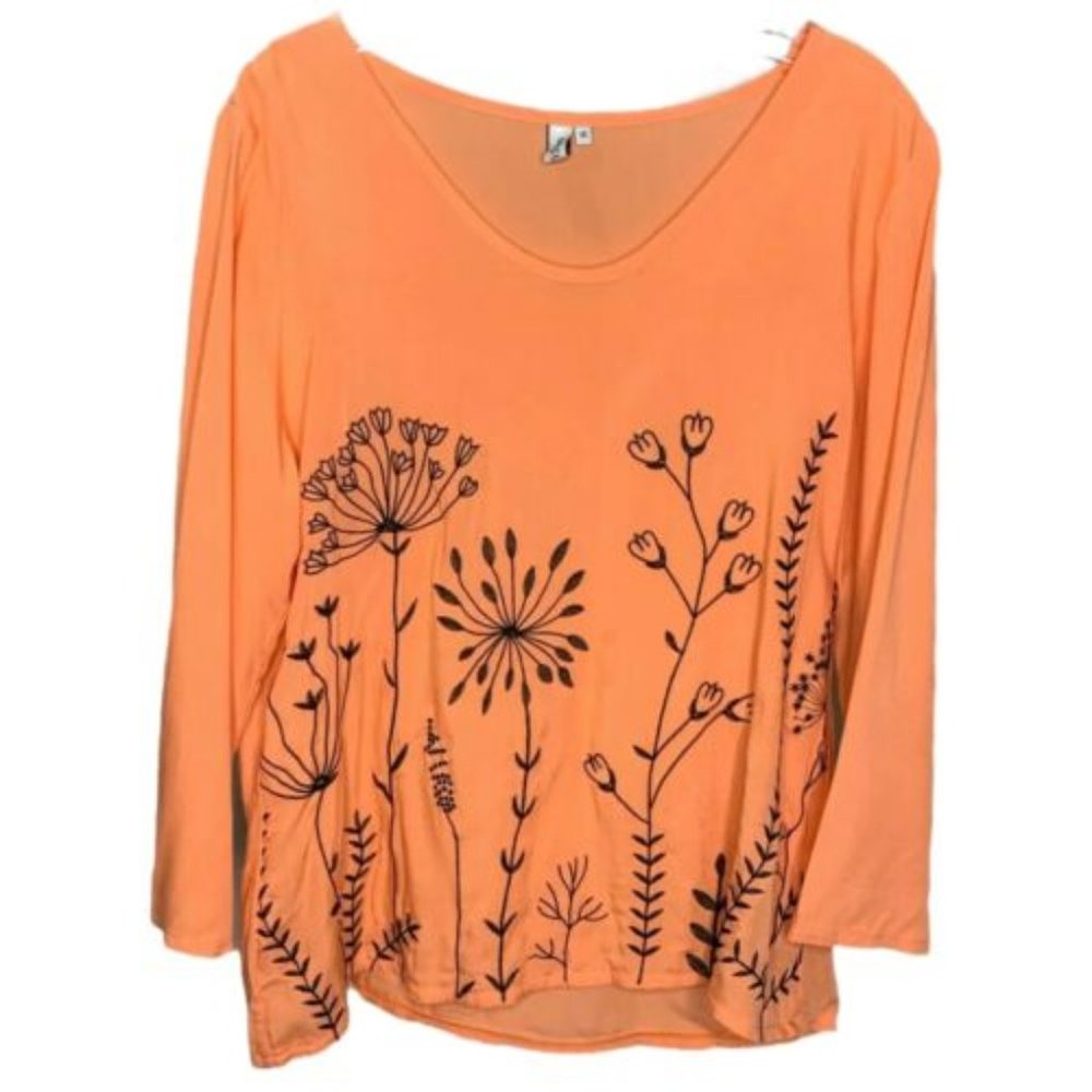 Misslook Women's Top Blouse Shirt Orange Flower Embroidered Boho Tunic Size‎ M